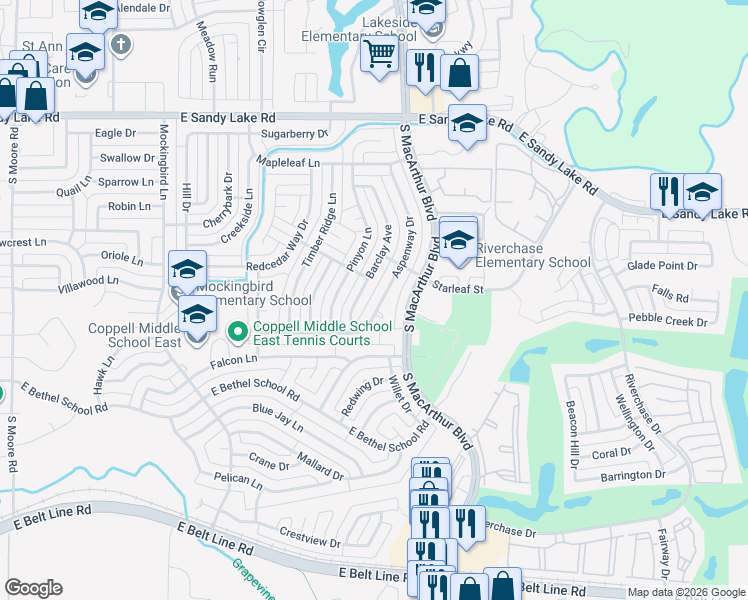 map of restaurants, bars, coffee shops, grocery stores, and more near 331 Aspenway Drive in Coppell