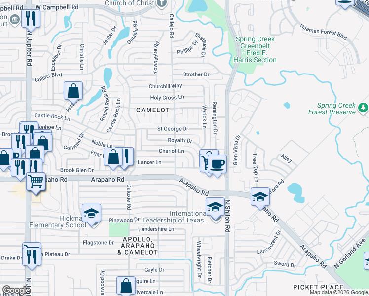 map of restaurants, bars, coffee shops, grocery stores, and more near 2705 Chariot Ln in Garland