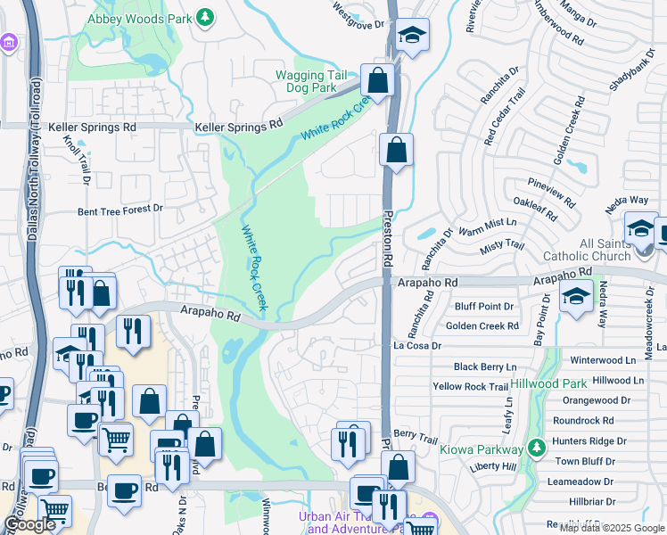 map of restaurants, bars, coffee shops, grocery stores, and more near 15889 Preston Road in Dallas