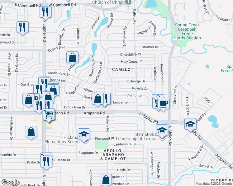 map of restaurants, bars, coffee shops, grocery stores, and more near 2910 Chariot Lane in Garland