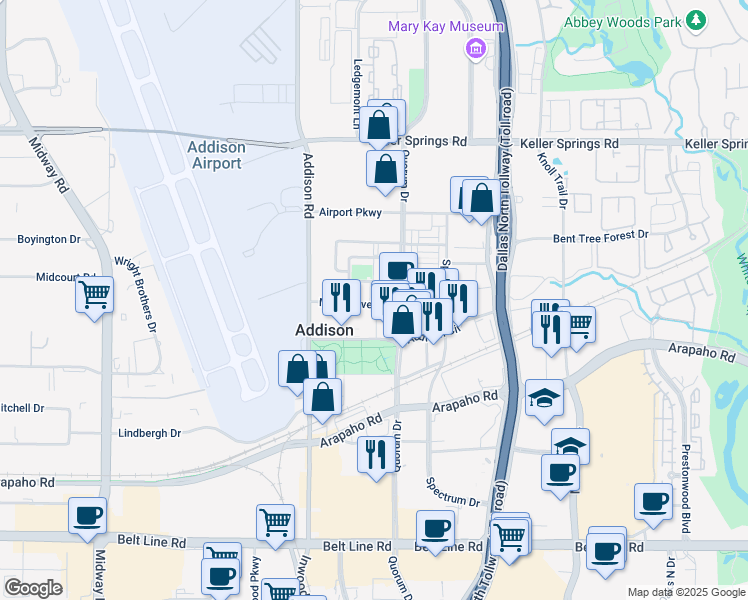 map of restaurants, bars, coffee shops, grocery stores, and more near 4945 Morris Avenue in Addison