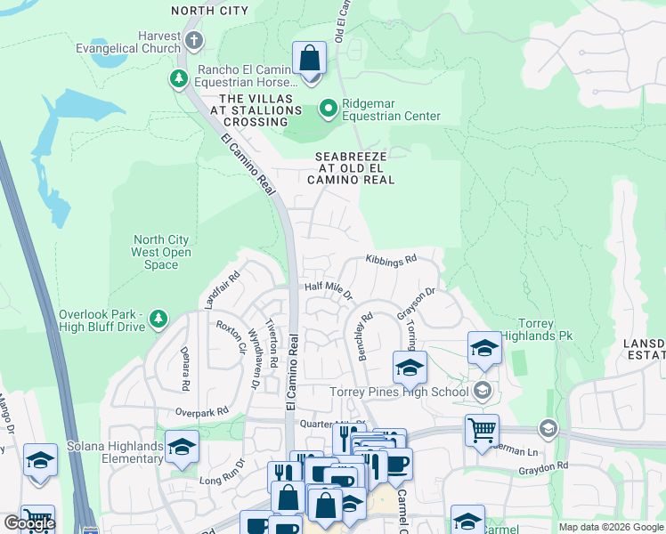 map of restaurants, bars, coffee shops, grocery stores, and more near 13529 Jadestone Way in San Diego