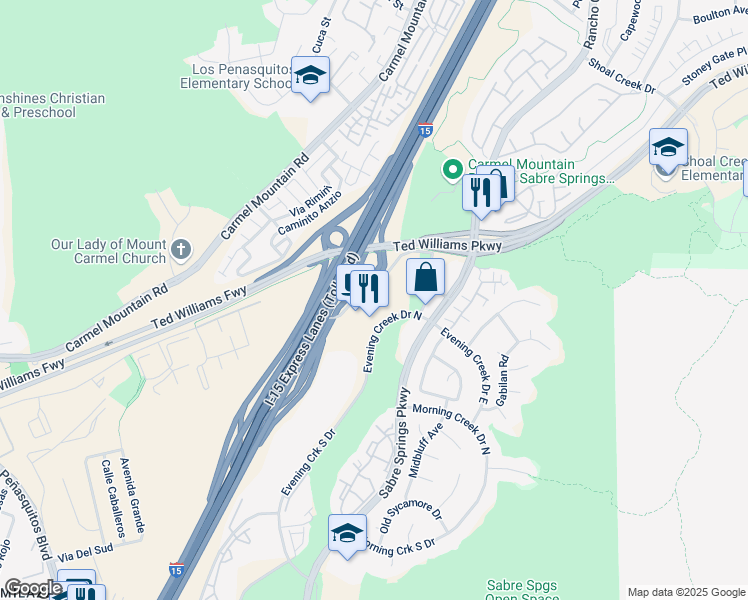 map of restaurants, bars, coffee shops, grocery stores, and more near 13500 Evening Creek Drive North in San Diego