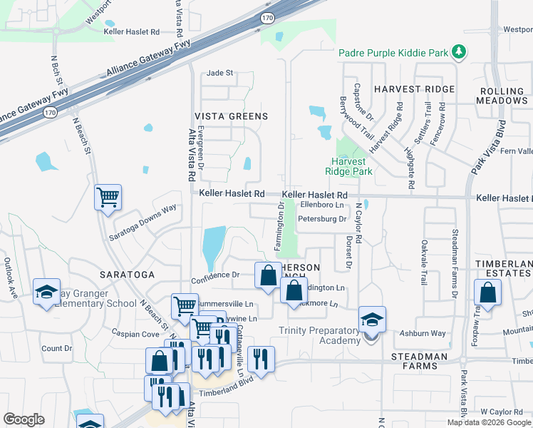 map of restaurants, bars, coffee shops, grocery stores, and more near 3901 Wellsburg Way in Keller