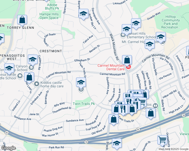 map of restaurants, bars, coffee shops, grocery stores, and more near 8994 Stimson Court in San Diego
