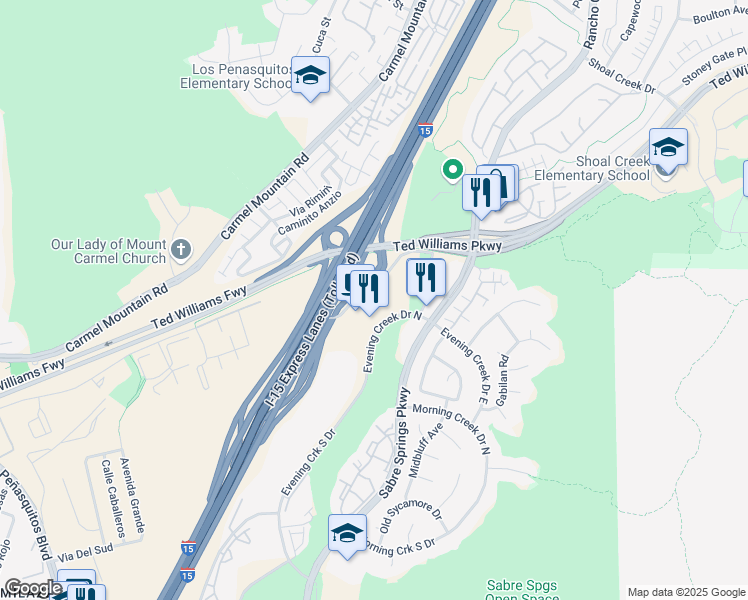 map of restaurants, bars, coffee shops, grocery stores, and more near 13500 Evening Creek Drive North in San Diego