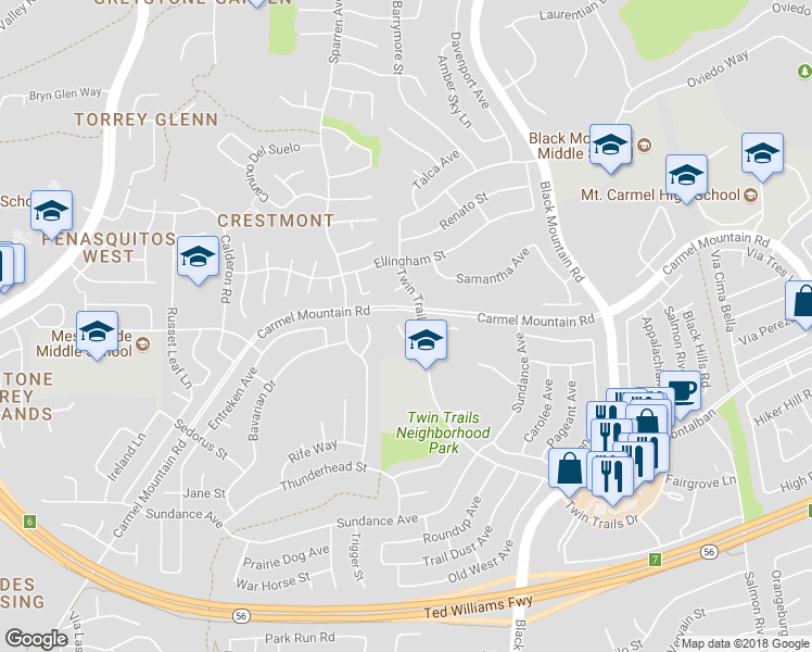 map of restaurants, bars, coffee shops, grocery stores, and more near 8924 Stimson Court in San Diego