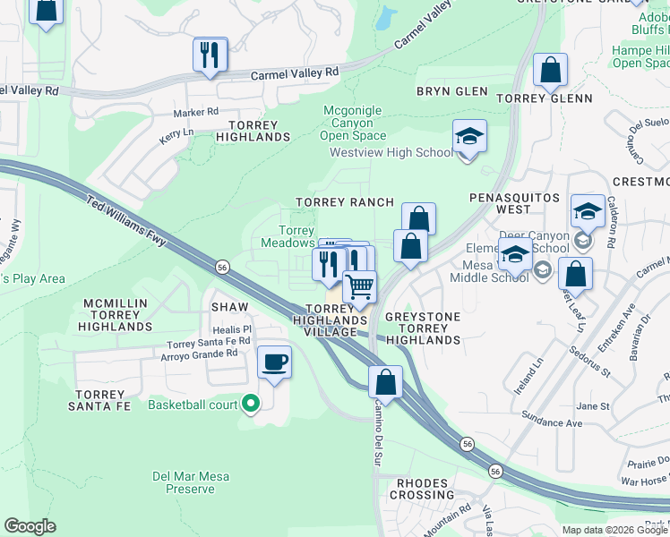 map of restaurants, bars, coffee shops, grocery stores, and more near 13310 Via Bellarado in San Diego