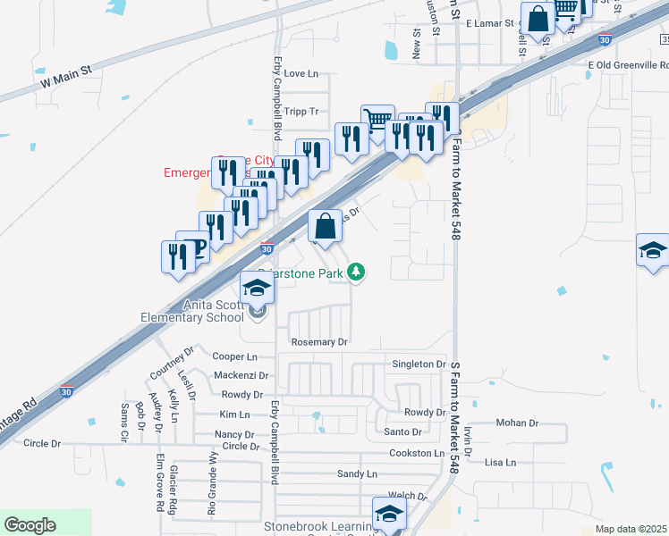 map of restaurants, bars, coffee shops, grocery stores, and more near 1228 Cyprus Drive in Royse City