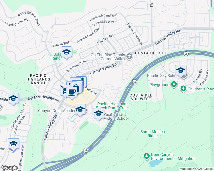 map of restaurants, bars, coffee shops, grocery stores, and more near 13010 Carita Cove in San Diego