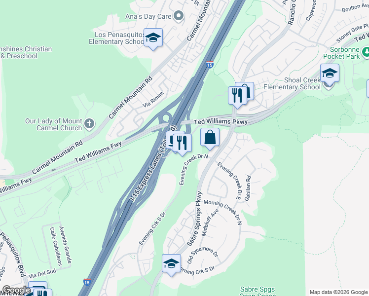 map of restaurants, bars, coffee shops, grocery stores, and more near 13520 Evening Creek Drive North in San Diego