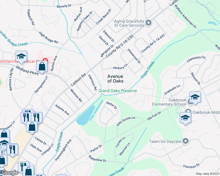 map of restaurants, bars, coffee shops, grocery stores, and more near 251 Grand Oaks Drive in Ladson
