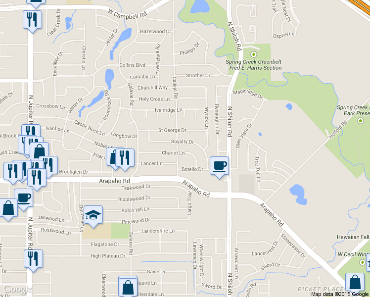 map of restaurants, bars, coffee shops, grocery stores, and more near in Garland