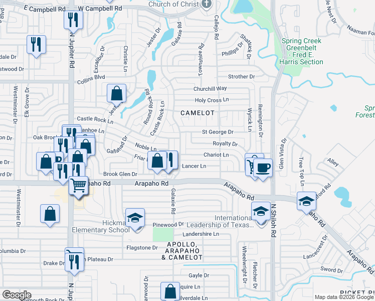 map of restaurants, bars, coffee shops, grocery stores, and more near 2910 Chariot Lane in Garland