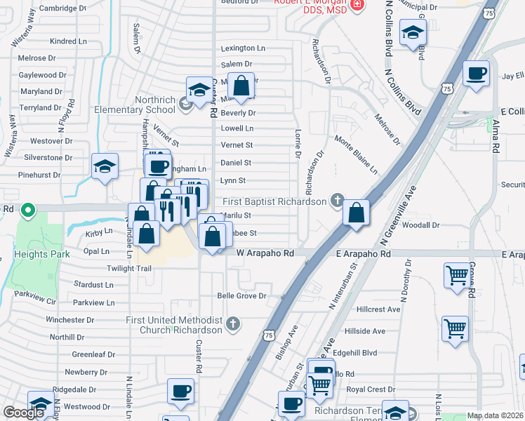 map of restaurants, bars, coffee shops, grocery stores, and more near 425 Marilu Street in Richardson