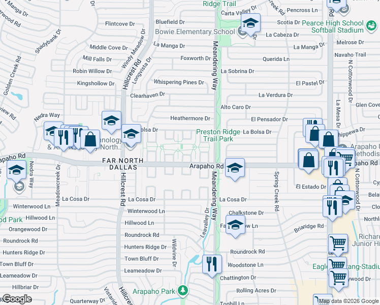 map of restaurants, bars, coffee shops, grocery stores, and more near 15711 Terrace Lawn Circle in Dallas