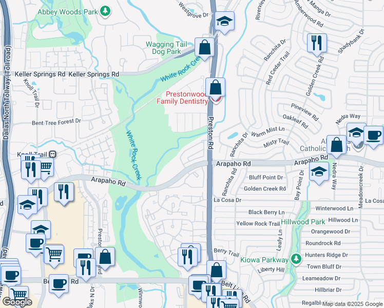 map of restaurants, bars, coffee shops, grocery stores, and more near 15889 F Preston Road in Dallas