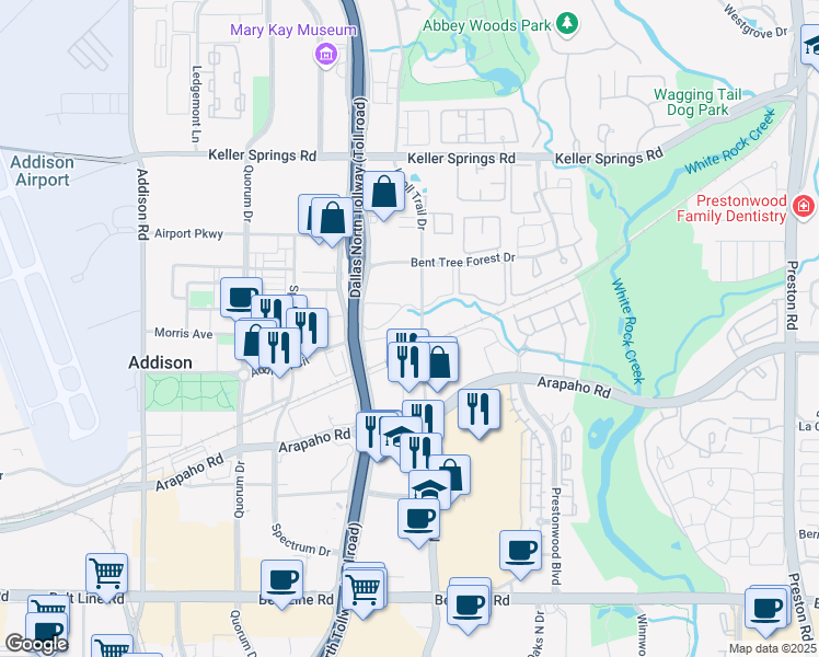 map of restaurants, bars, coffee shops, grocery stores, and more near 15411 Knoll Trail Drive in Dallas