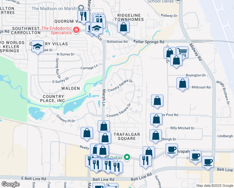 map of restaurants, bars, coffee shops, grocery stores, and more near Unnamed Road in Carrollton