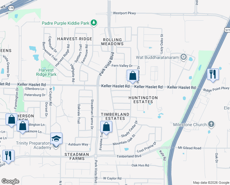map of restaurants, bars, coffee shops, grocery stores, and more near 4521 Willow Rock Lane in Fort Worth