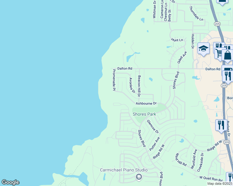 map of restaurants, bars, coffee shops, grocery stores, and more near 1830 Ashbourne Drive in Rockwall