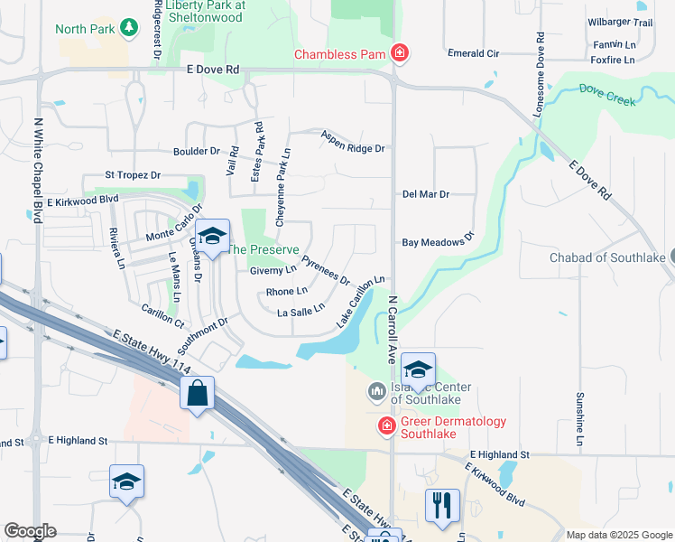 map of restaurants, bars, coffee shops, grocery stores, and more near 1036 La Salle Lane in Southlake