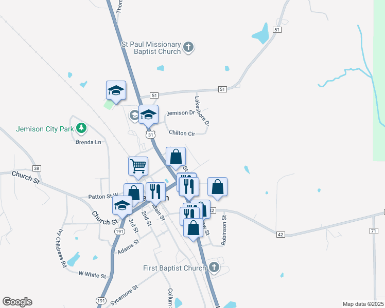 map of restaurants, bars, coffee shops, grocery stores, and more near 180 Drew Street in Jemison