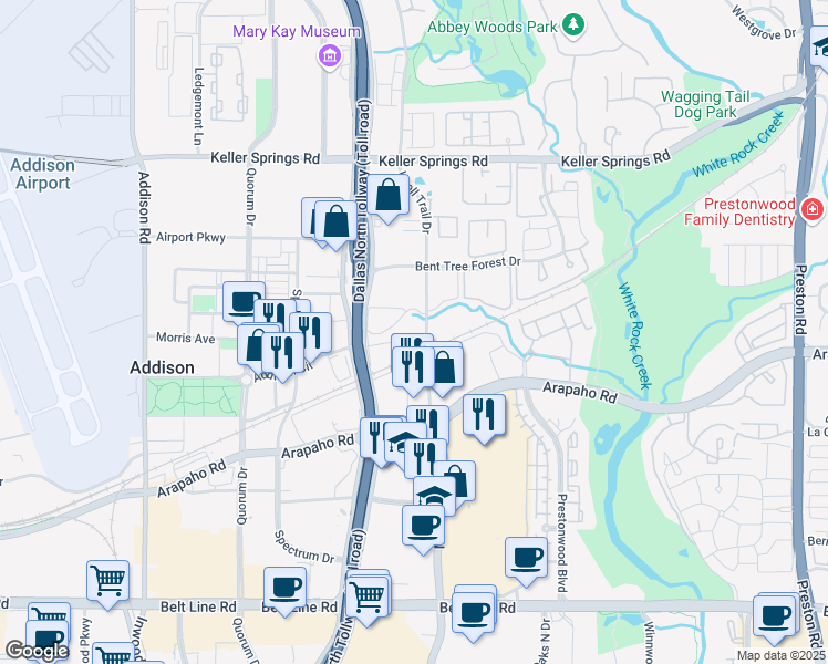 map of restaurants, bars, coffee shops, grocery stores, and more near 15441 Knoll Trail Drive in Dallas