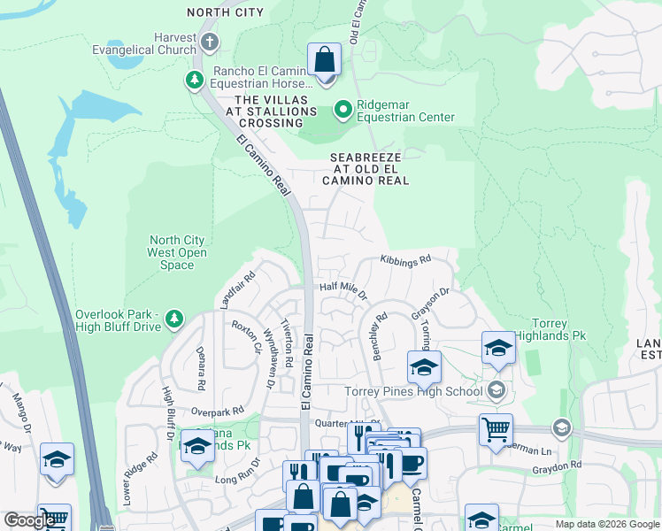 map of restaurants, bars, coffee shops, grocery stores, and more near 13524 Jadestone Way in San Diego