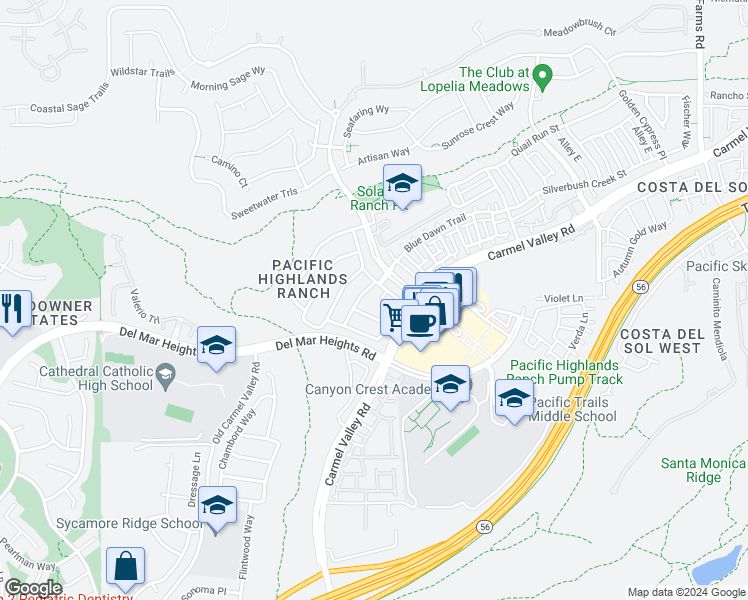 map of restaurants, bars, coffee shops, grocery stores, and more near 13528 Candy Tuft Path in San Diego