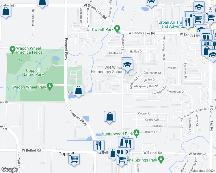map of restaurants, bars, coffee shops, grocery stores, and more near 563 Hawken Drive in Coppell