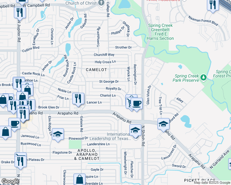 map of restaurants, bars, coffee shops, grocery stores, and more near in Garland