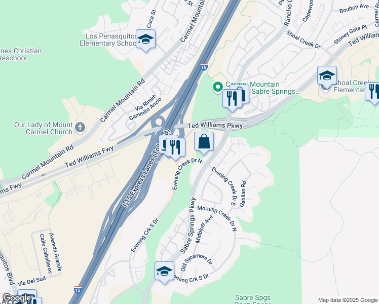 map of restaurants, bars, coffee shops, grocery stores, and more near 13520 Evening Creek Drive North in San Diego