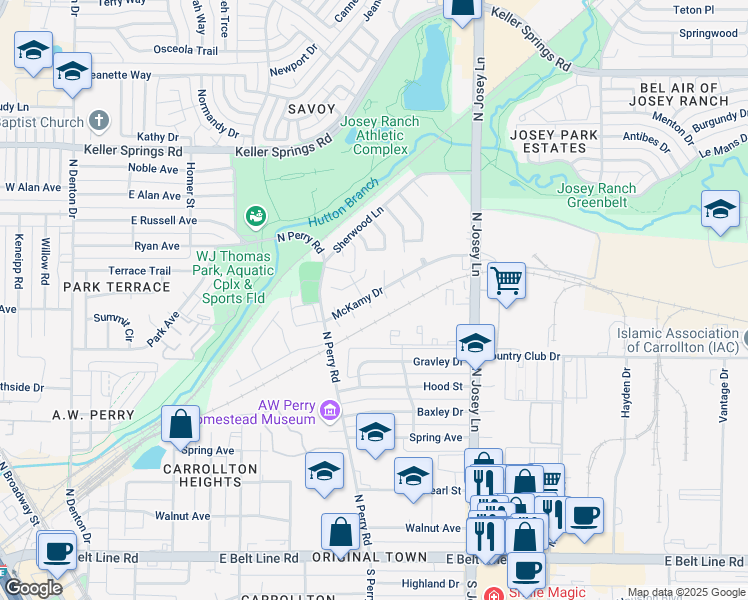 map of restaurants, bars, coffee shops, grocery stores, and more near 1846 Meadowbrook Cove in Carrollton