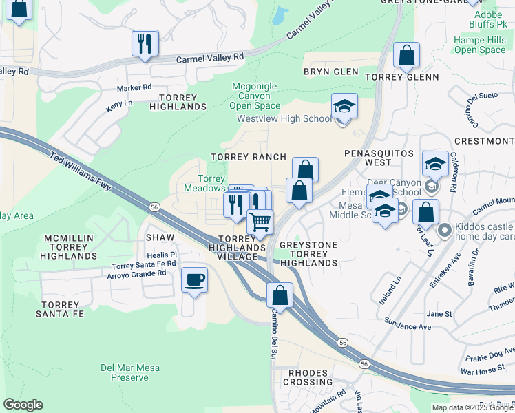 map of restaurants, bars, coffee shops, grocery stores, and more near 7870 Via Montebello in San Diego