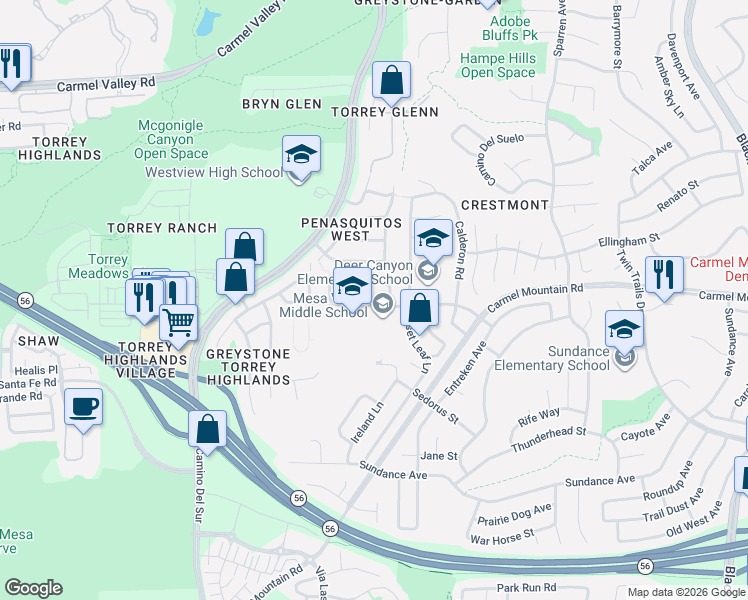 map of restaurants, bars, coffee shops, grocery stores, and more near 8368 Entreken Way in San Diego