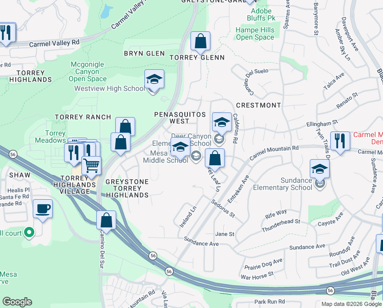 map of restaurants, bars, coffee shops, grocery stores, and more near 8375 Entreken Way in San Diego