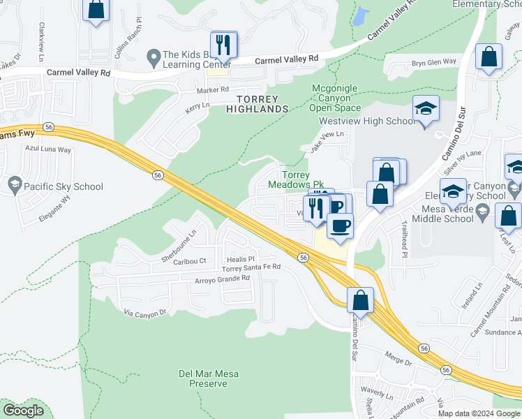 map of restaurants, bars, coffee shops, grocery stores, and more near 7655 Via Cristal in San Diego