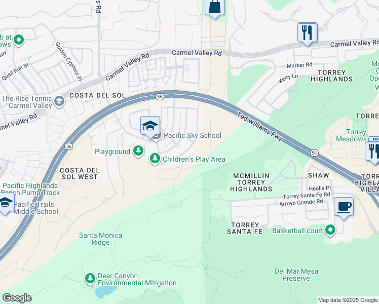 map of restaurants, bars, coffee shops, grocery stores, and more near 6693 Elegante Way in San Diego
