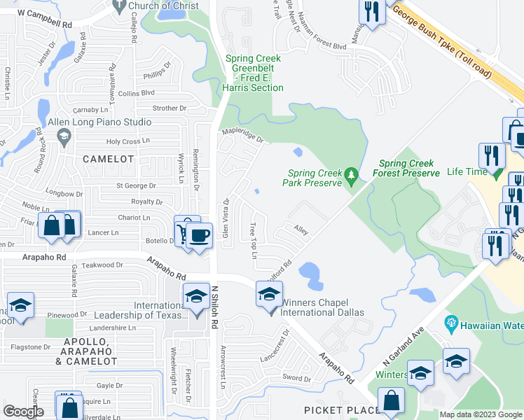 map of restaurants, bars, coffee shops, grocery stores, and more near 2217 Lacewood Drive in Garland