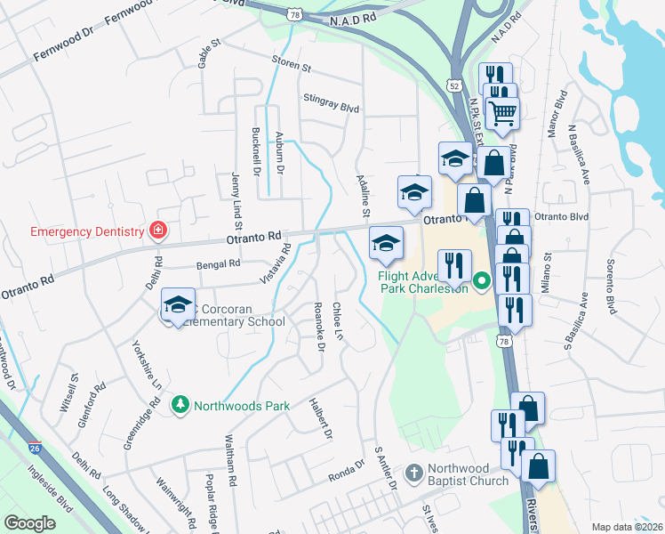 map of restaurants, bars, coffee shops, grocery stores, and more near 8653 Chloe Lane in North Charleston