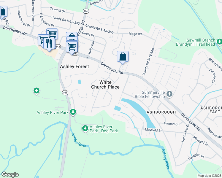 map of restaurants, bars, coffee shops, grocery stores, and more near 132 Pryors Lane in Summerville