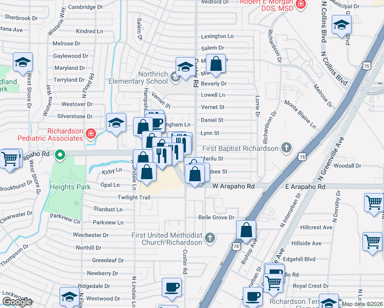 map of restaurants, bars, coffee shops, grocery stores, and more near 518 West Arapaho Road in Richardson
