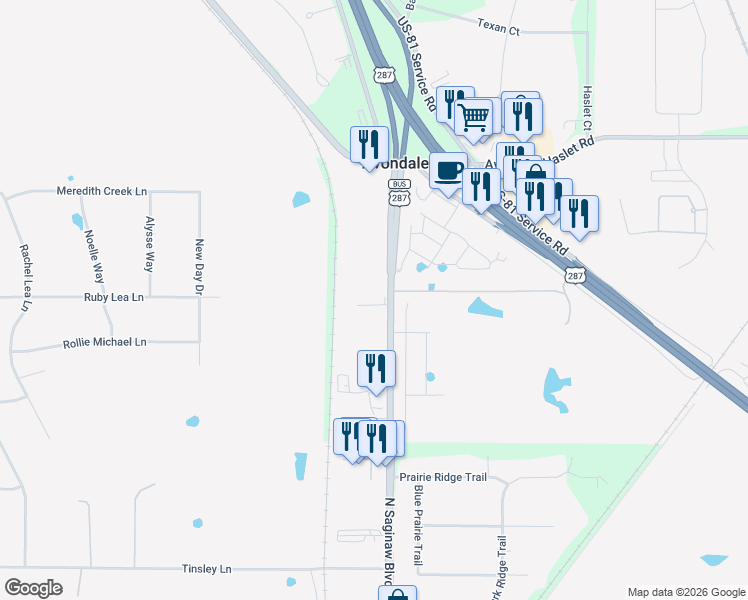 map of restaurants, bars, coffee shops, grocery stores, and more near 12775 North Saginaw Boulevard in Fort Worth