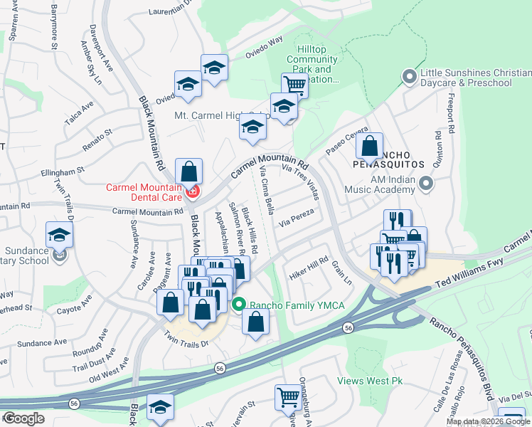 map of restaurants, bars, coffee shops, grocery stores, and more near 13673 Via Cima Bella in San Diego