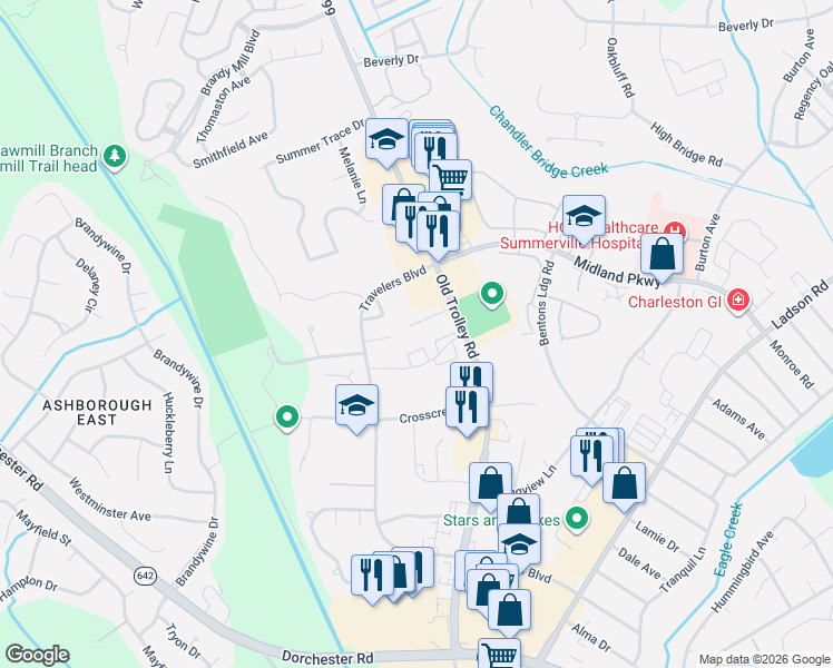map of restaurants, bars, coffee shops, grocery stores, and more near 1660 Old Trolley Road in Summerville