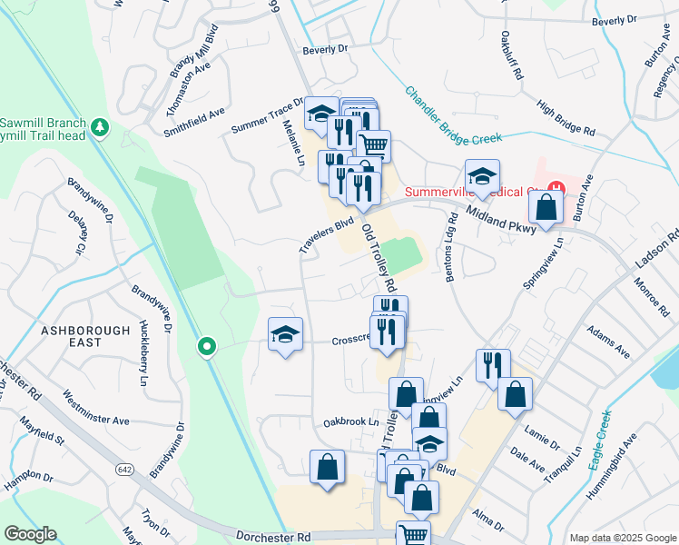 map of restaurants, bars, coffee shops, grocery stores, and more near 1660 Old Trolley Road in Summerville