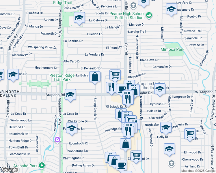 map of restaurants, bars, coffee shops, grocery stores, and more near 7931-7955 Arapaho Road in Dallas