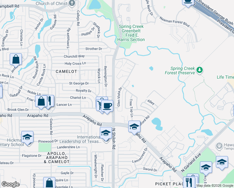 map of restaurants, bars, coffee shops, grocery stores, and more near 5117 Glen Vista Drive in Garland