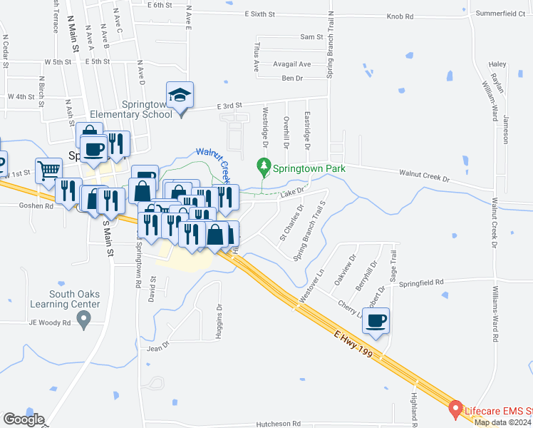 map of restaurants, bars, coffee shops, grocery stores, and more near 608 Hilltop Drive in Springtown